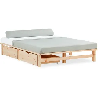 Homestyle4u Palettenbett 140x200 cm mit 2 Schubladen Lattenrost Massivholzbett Palettenmöbel Bett Holzbett - Naturbelassen