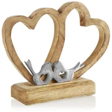 com-four® Deko-Aufsteller Herz - Holz-Herz auf Holzsockel - Deko-Herz aus Holz mit 2 Vögeln aus Metall zum Hinstellen - Herzdeko zum Verschenken (Holzherz mit Vögeln)