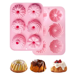 Thapncow 2-teilige Mini-Gugelhupfform aus Silikon, 6-Loch-Kuchenform, rosa, wiederverwendbar, kleine Backform, mikrowellengeeignet, geeignet für Muffins, Brownies, Puddings und Wackelpudding