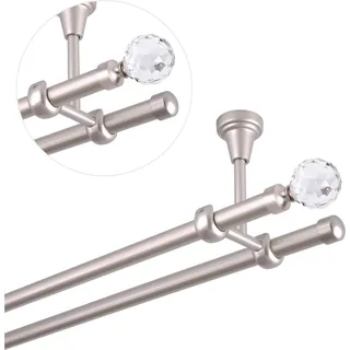 Gardinenstange 400 cm für Deckenmontage, Vorhangstange 19 mm 2-läufig Chrom Matt, Gardinenstangenset mit Kugel Kristall - Silber