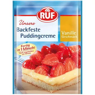 RUF Backfeste Puddingcreme mit Vanille-Geschmack, Puddingpulver als Grundlage für Erdbeerkuchen & Obst-Törtchen, schnell zubereitet, glutenfrei, 42g