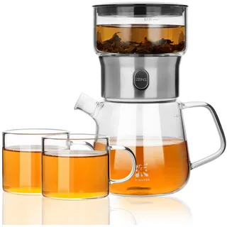 ZENS Modern Teekanne Glas mit Sieb, One-Touch Teezubereiter für Losen Tee mit 2 Tassen, Tea Maker Set for Tee Zubereitung, Magic Teapot, Teeservice Geschenke für Teeliebhaber