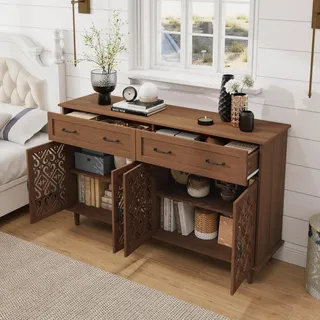 okwish Sideboard,Kommode,Vier Türen mit Schnitzdesign-Zwei Schubladen mit Ordnungsfunktion,Melaminbeschichtete Ablagefläche,Metallgriffe Im Retro-Stil,Für Wohnzimmer,Nussbaum - Braun