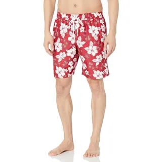 Amazon Essentials Herren 23cm Badehose mit Netzfutter, Taschen und Kordelzugverschluss, Rot Hibiskusblume, XL