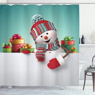 ABAKUHAUS Weihnachten Duschvorhang, Schneemann und Boxen, Stoffliches Gewebe Badezimmerdekorationsset mit Haken, 175 x 240 cm, Mehrfarbig