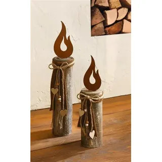 2 Dekosäulen "Flammendes Herz" aus Holz, rustikal, Dekofigur - Braun