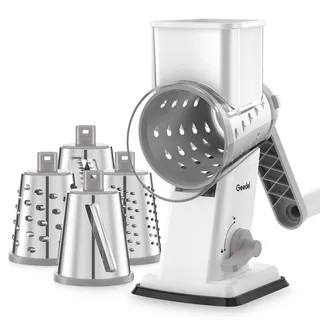 Geedel Käsereibe, Gemüseschneider mit 4 Austauschbare Klingen, Gemüsereibe mit Kurbel, Starkem Saugfuß, Gemüsehobel für Gemüse Obst, Gemüseschneider für Käse, Gurken, Karotten, Nüsse usw. Weiß