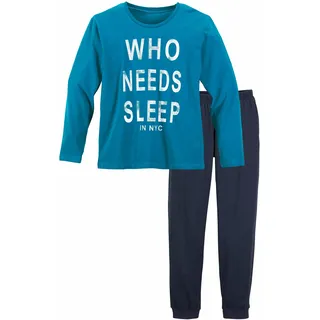 Pyjama AUTHENTIC LE JOGGER, Jungen, Gr. 134/140, bunt (türkis, marine), Jersey, Obermaterial: 100% Baumwolle, bedruckt, Basic, lässig geschnitten lang, Rundhals, abgesteppte Kante, Homewear-Sets Pyjama, langer Schlafanzug, bedruckt, mit Rundhals-Ausschnitt, Topseller