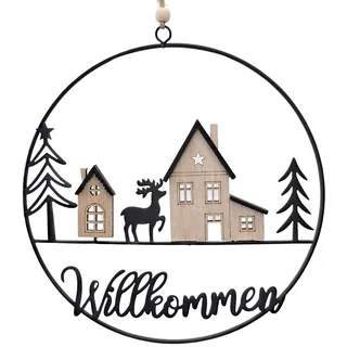 Metallring Winterdorf: Willkommen-Türkranz aus Metall & Holz Weihnachten, Winterdeko, Weihnachtsanhänger, Weihnachtlicher Anhänger Tür, Wand & Fenster, Weihnachtliche Deko, Metallanhänger, Ø 20 cm