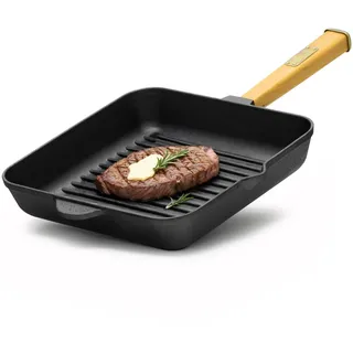 4BIG.fun Grillpfanne 28 cm mit Holzgriff | Steakpfanne aus Gusseisen | Pfanne geeignet für Gasgrill, Backofen, Feuerstelle, alle Herdarten inkl. Induktion
