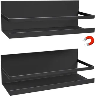 Dreamhigh® 2 Stück Kühlschrank Regal Magnetisch, Maximale Belastung 5 KG, Gewürzregal magnetisch mit Ablage, Wandregal Küche Anti-Rost, für Gewürze, Gläser, Flasche, Getränke- Schwarz