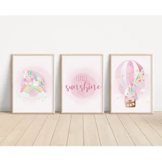 MeinBaby123® Einhorn Bilder Kinderzimmer | 3er Set DIN A4 | Einhorn Deko | Kinderzimmer Poster Set | Einhorn Geschenke für Mädchen | Kinderzimmer Deko Mädchen | Baby Geschenk (Einhorn V6)