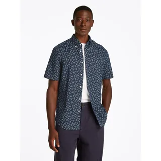 Kurzarmhemd TOMMY HILFIGER "COTTON LINEN PAISLEY Regular Fit SS SHIRT", Jungen, Gr. S, N-Gr, blau (night sky), Web, Obermaterial: 71% Baumwolle, 29% Leinen, regular fit, Hemden Kurzarmhemd
