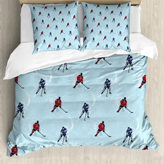 ABAKUHAUS Sport Bettbezug, Eishockey-Muster Winter-, Milbensicher Allergiker geeignet mit Kissenbezügen, 155 cm x 220 cm - 80 x 80 cm, Blau, Rot, Schwarz - Blau