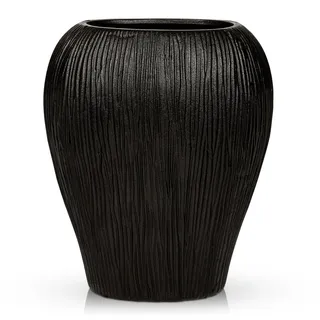 Flache Keramikvase Modern – Schmale Ribbed Vase für Pampasgras & Kunstblumen, Dekovase Keramik für Tisch, Regal & Sideboard, Boho Blumenvasen Wohndeko, Schwarz - 32 cm Hohe