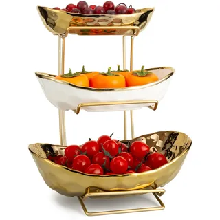 XUDREZ Weiß Gold Obstschale für Küche, 3 Tier Keramik Obstschale mit Metall Stand gestaffelt Obstkorb Obst Stand für Salat Snacks Brot Süßigkeiten Gemüse Lagerung (Gold)