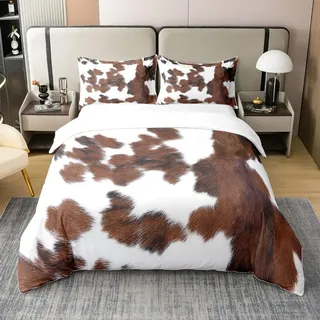 100% Baumwolle Kuhfell Tröster Abdeckung,Niedliche Braune Weiße Kuh Bettwäsche Set 220x240,Bauernhof Tier Haut Bettbezug Western Cowboy Land Bettdecke Abdeckung Bauernhaus Dekor mit Reißverschluss