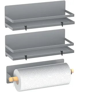slimmkiss Magnetisches Gewürzregal, bewegliches, magnetisches Regal, Organizer mit Papierhandtuchhalter, Küche, Kühlschrank, Gewürze, Aufbewahrungsregal, Kühlschrank-Magnet-Organizer, grau, 3 Packungen