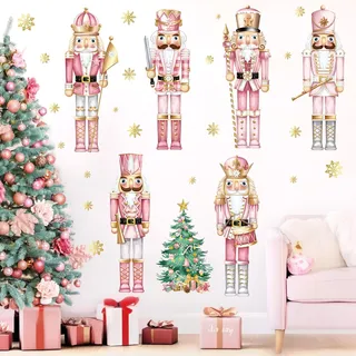 decalmile Weihnachten Fenster Wandtattoo Weihnachten Rosa Nussknacker Wandaufkleber Weihnachtsbaum Nussknacker Soldat Goldene Schneeflocken Wandsticker Kinderzimmer Party Weihnachtsdeko