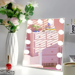 Haniyoo Spiegel Schminkspiegel mit Beleuchtung,Schminkspiegel mit 12 LED Licht,3 Farbtemperatur Verstellbares,Touch Control,für Schlafzimmer Schminktisch,Weiß