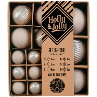 Holly & Jolly - Weihnachtskugeln mit Struktur Fine Alabaster, 16 Stück | Christbaumkugeln aus Glas, ca. 4, 6 und 8 cm, Weihnachtsbaumschmuck in Creme, matt & strukturiert, Weihnachtsdeko
