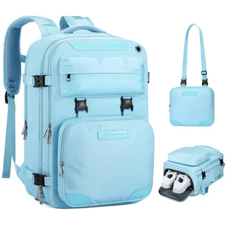 Maelstrom Reiserucksack für Damen und Herren, 35 l Laptop-Rucksack für 17-Zoll-Laptop, wasserdichter Handgepäck-Rucksack für Flugzeuge mit abnehmbarer Umhängetasche und Schuhfach, Hellblau, Größe L