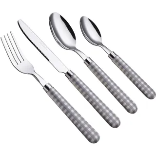 EXZACT Edelstahl-Besteck Set 24 Stück - Gingham Farbige Griffe - 6 x Tafelgabeln, 6 x Tafelmesser, 6 x Abendessen Löffel, 6 x Teelöffel (24 x Grau)
