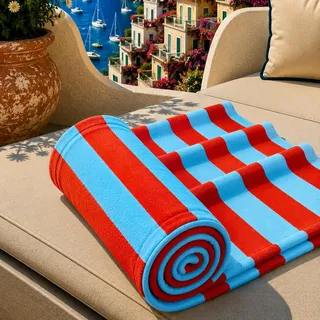 PETTI Artigiani Italiani - Strandtuch XXL Mikrofaser 90x180 cm Groß, Badetuch Schnelltrocknend und Sandfrei, Strandhandtuch für Pool, Sauna und Reise, Made in Italy, Streifen Hellblau-Rot
