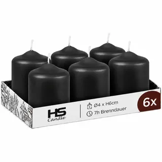 HS Candle Stumpenkerzen Schwarz (6 Stück) Ø4x6cm, 7h Brenndauer, Made in EU | Unparfümierte Blockkerzen mit ruhigem Abbrand, kompakte Wachskerzen – ideal für Halloween, moderne Deko & besondere Anlässe