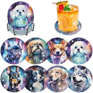 Lxmsja 8 STK Diamond Painting Untersetzer Hund mit Halter, Diamond Painting Hund, Diamant Painting Bilder Erwachsene, Diamant Tassenuntersetzer mit Kork, Basteln Kreativ Set Für Erwachsene Frauen