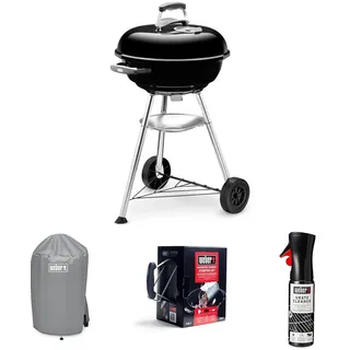 Weber Compact Kettle Holzkohlegrill, Ø 47cm Grillfäche, BBQ Grill mit porzellanemaillierten Deckel & Kessel, Dreibein-Ständer & Räder, verchromter Grillrost - Schwarz (1221004)
