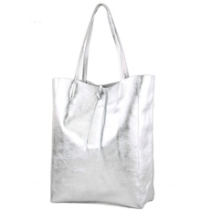 modamoda de - T163 - Ital. Shopper Large mit Innentasche aus Leder, Farbe:Silber-Metallic