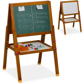 Relaxdays Kinderstandtafel, magnetische Spieltafel, höhenverstellbar, 65-77x39x44,5 cm, Whiteboard & Kreidetafel, braun