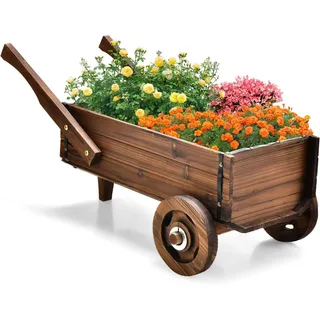 Costway Blumenwagen Holz, Pflanzwagen mit Rädern und Griffen, Blumenkarre mit Abflussloch, Pflanztopf Bollerwagen, Schubkarre Gartendeko, Rustikaler Pflanzkarre für Garten Terrasse, Braun
