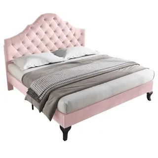 Polsterbett, 140x200 cm, Doppelbett mit Lattenrost, gepolsterter Kopfteil höhenverstellbar, Bezug aus Samt - Rosa