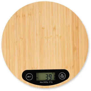 Relaxdays Digitale Küchenwaage aus Bambus, LCD-Anzeige, Tara-Funktion, Tragkraft 5 kg, runde Digitalwaage, Durchmesser 20 cm, Naturfarben, 2 x 20 x 20 cm