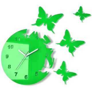 FLEXISTYLE z4c_6 Große Moderne Wanduhr Schmetterling Grün rund 30cm, 3D DIY, Wohnzimmer, Schlafzimmer, Kinderzimmer