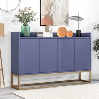 CDGlobal Kommode Sideboard mit 4 Türen und verstellbaren Ablagen, goldenen Metallrahmen und Push-to-Open Funktion, Wohnzimmerschränke Massivholz Anrichte, 120x30x80 cm,blau - Blau