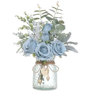 Kunstblumen mit Vase, künstliche Seidenrosen in Vase, künstliche Pflanze, Eukalyptus-Blumenarrangement für Zuhause, Büro, Bauernhaus, Badezimmer, Dekorationen, Couchtisch-Dekoration (staubiges blau)