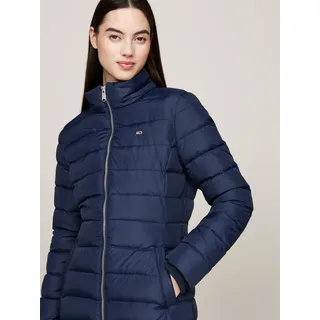 Steppmantel TOMMY JEANS "TJW ESSENTIAL HOODED DOWN COAT", Damen, Gr. M (38), blau (schwarz night navy), Web, Obermaterial: 100% Polyester. Futter: 100% Polyester, unifarben, regular fit hüftbedeckend, Rippbündchen, Mäntel Steppmantel, mit Fellimitat, Logostickerei