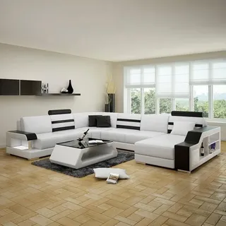 Ecksofa Wohnlandschaft U Form Sofa - Ledersofa Garnitur mit Regal Leder Couchen