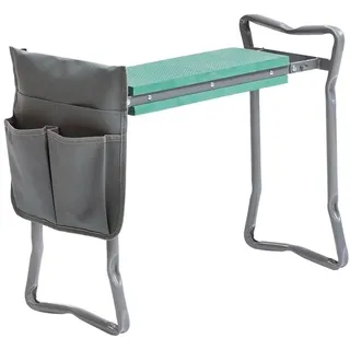 Avilia Klappbarer Gartenstuhl – Hocker mit Werkzeugtasche, 2 Positionen, zusammenklappbar, aus Eisen und Oxford-Gewebe, 60 x 49 x 27,5 cm, Grau und Grün