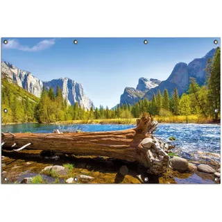 Wallario Outdoor-Poster für Garten oder Balkon, Motiv Baumstamm im Fluss zwischen Bergen und Wäldern, in ca. 100 x 150 cm - Schwarz