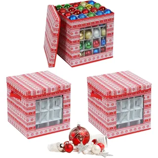 Relaxdays Weihnachtskugel Aufbewahrungsbox, 3er Set, HBT: 33 x 33 x 33 cm, Vlies, Pappe, Weihnachtskugelkiste, rot/weiß