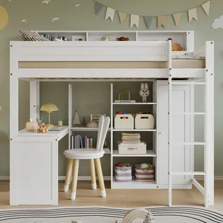 Flieks Etagenbett 90x200cm mit Schreibtisch, Hochbett mit Regal und Kleiderschrank, Kinderbett mit Rausfallschutz und Lattenrost, Stockbett Holzbett - Weiß