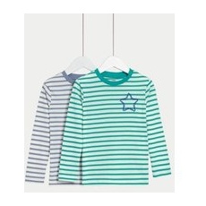 Boys M&S Collection 2pk Pure Cotton Striped Tops (2-8 Yrs) - Green Mix, Green Mix - 3-4 Y