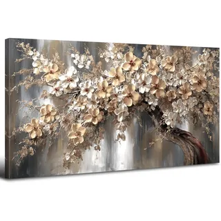 AREBOLO Baum des Lebens Leinwandbild 50x100 cm XL, Vintage Luxus Wanddeko Blumen Natur Wandbilder, Kunstdruck Canvas für Wohnzimmer Schlafzimmer Esszimmer, Weiß Gold Beige Wanddekoration als Geschenk