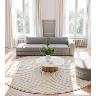 ROHATIM Teppich rund 160 cm, Beige, 3D-Kreisrelief, waschbar | Maschinenwaschbar und flauschig unter den Füßen; ideal für Leseecken und kleine Sitzgruppen
