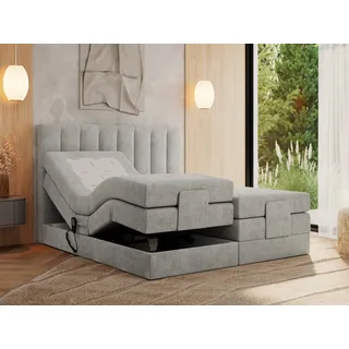 MKS MEBLE Boxspringbett 160x200 elektrisch verstellbar 7-Zonen Taschenfederkern Matratze und Topper Bett 160x200 mit Motor Polsterbett Motorbett - Comforto - Hellgrau Strukture - H3 - Hellgrau