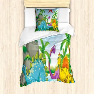 ABAKUHAUS Jurassic Bettbezug Set, Dinosaurier Leben Im Dschungel Illustration Palmen Bäume Am See Steine Spaß Art, 135 x 200 cm + 80 x 80 cm, Mehrfarbig
